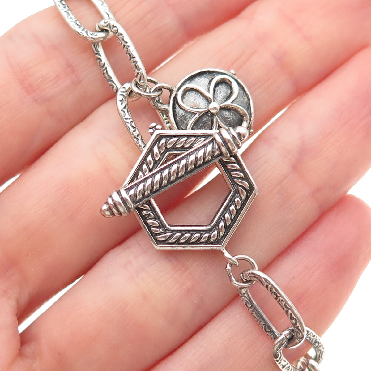 925 Sterling Silver Vintage Real Peridot Cross Floral Charm Oxidized Bracelet 7"