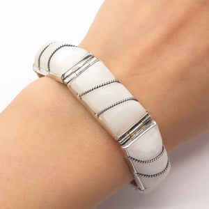 925 Sterling Silver Vintage Mexico Real White Agate Gem Panel Link Bracelet 6"