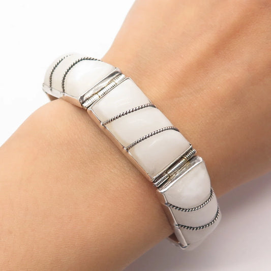 925 Sterling Silver Vintage Mexico Real White Agate Gem Panel Link Bracelet 6"