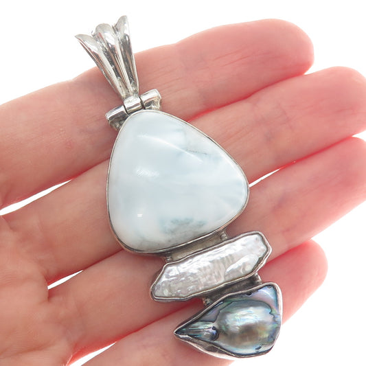 925 Sterling Silver Vintage Real Baroque & Blister Abalone Pearl Larimar Pendant