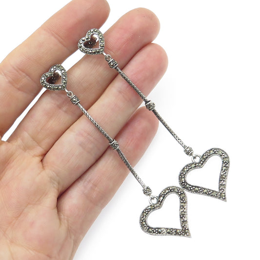 925 Sterling Silver Vintage Real Marcasite Drop Heart Dangle Earrings