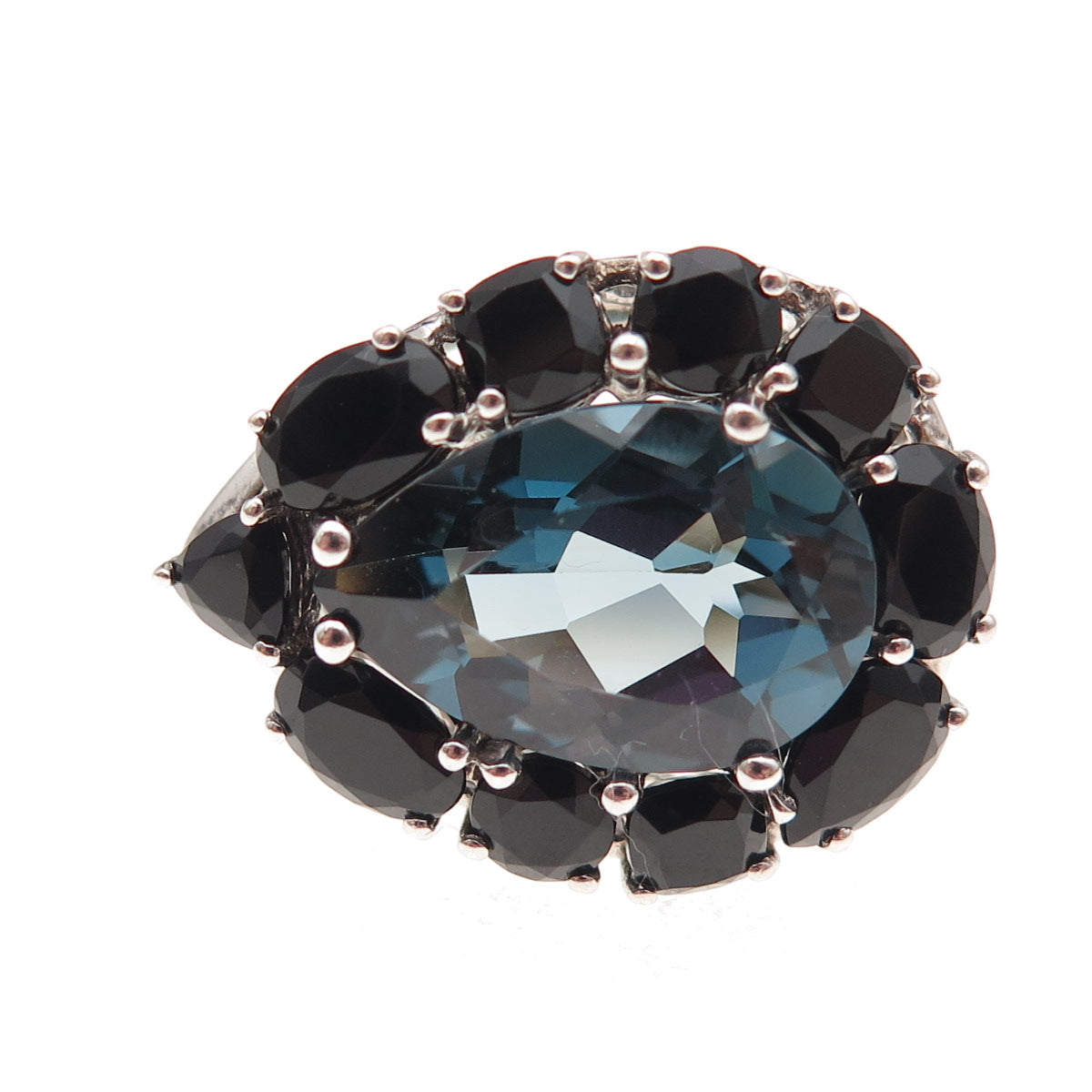 925 Sterling Silver Real London Blue Topaz & Black Spinel Ring Size 6