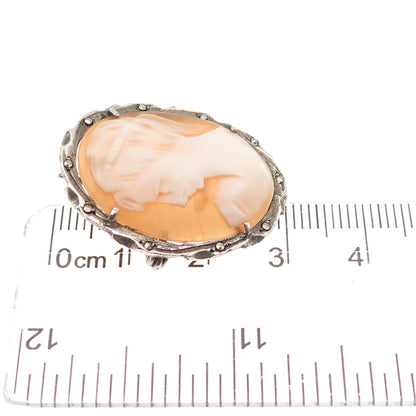 800 Silver Antique Art Deco Real MOP & Marcasite Lady Cameo Pin Brooch / Pendant
