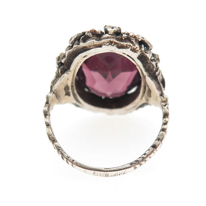 925 Sterling Silver Antique Victorian Purple Rhinestone Oxidized Ring Size 5