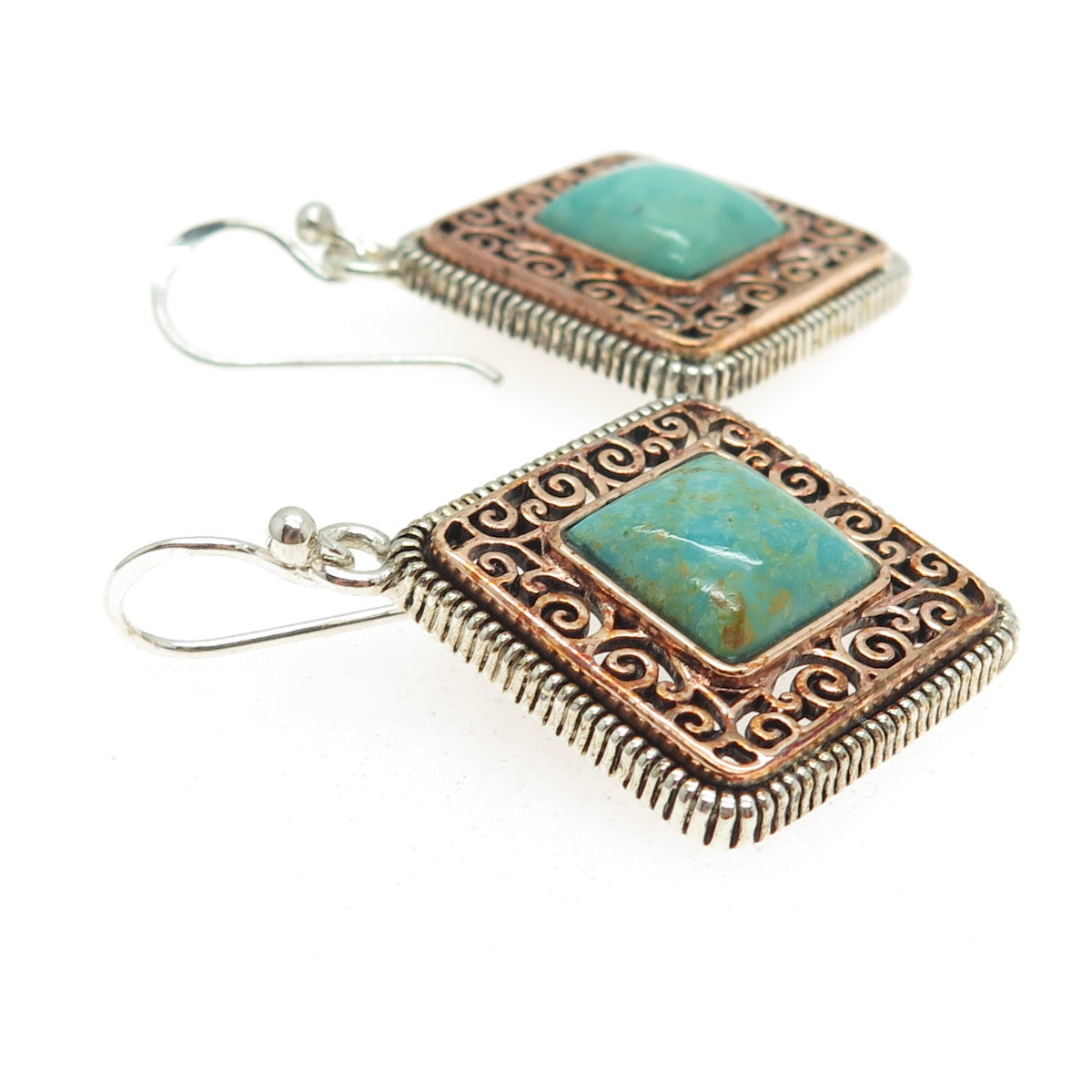 BARSE 925 Sterling Silver 2-Tone Vintage Real Turquoise Ornate Dangling Earrings