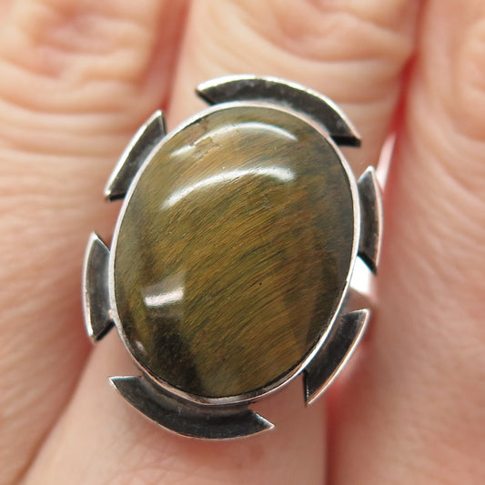 J. GOMES Sterling Silver Vintage Mexico Real Tiger Eye Modernist Ring Size 8.5
