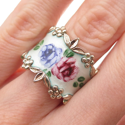 Joseph Esposito Sterling Silver Gold Plated Antique Enamel Floral Ring Size 6.25