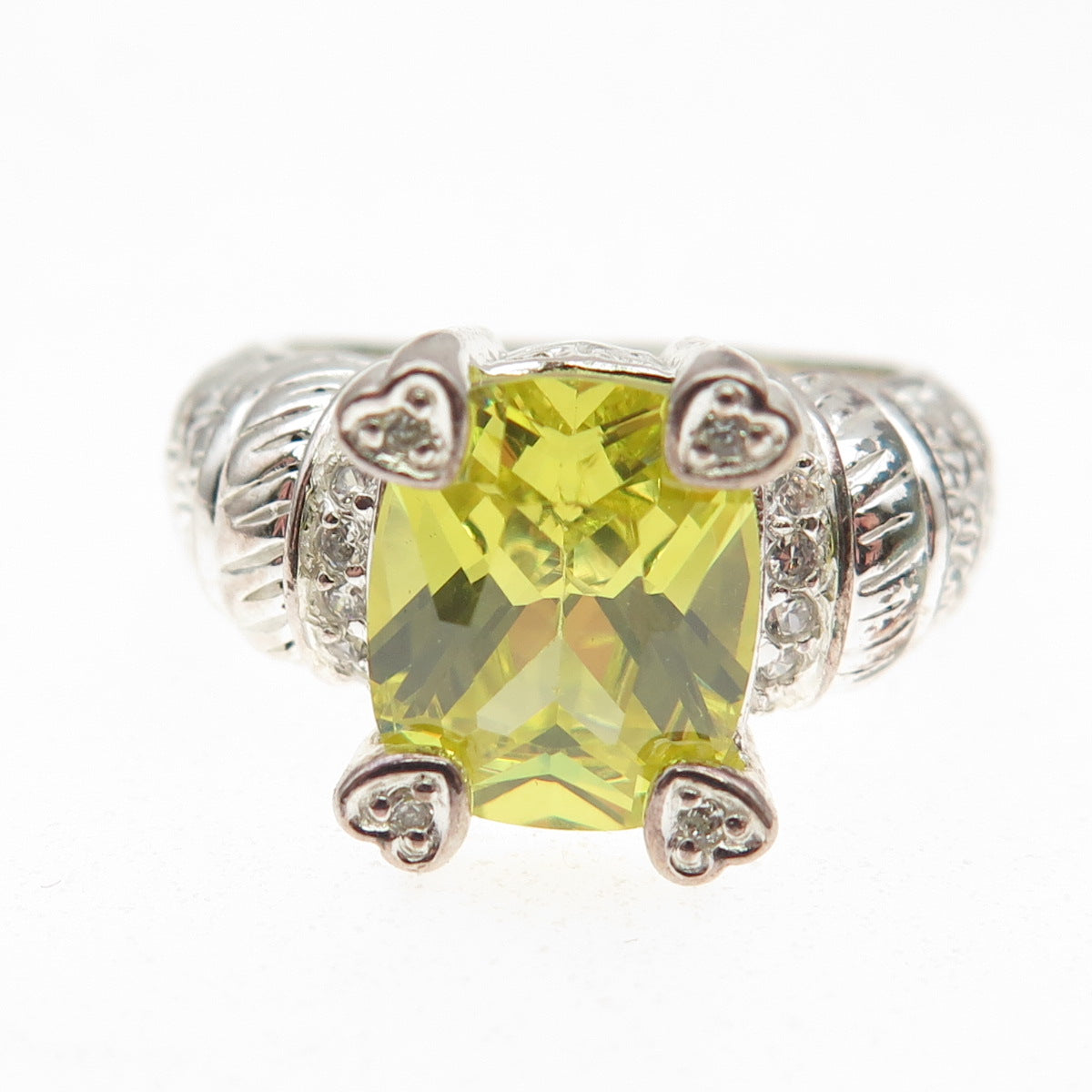 RJ Graziano 925 Sterling Silver Canary & White C Z Heart Ring Size 8.25