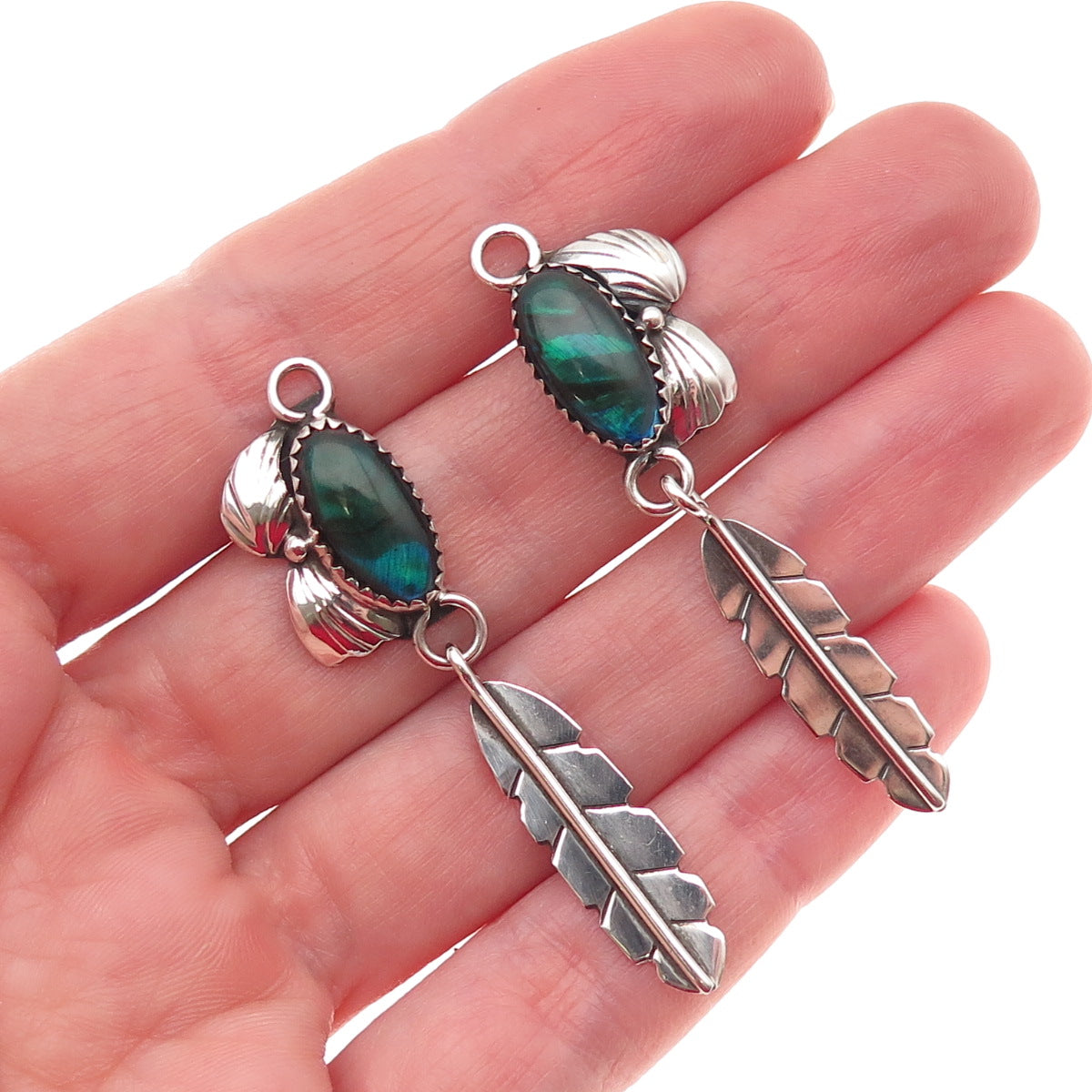Ben Livingston Navajo Old Pawn Sterling Abalone Shell Feather Jacket Earrings