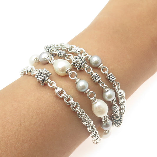 MICHAEL DAWKINS Sterling Silver Vintage Real Pearl 4-Row Solid 74.1g Bracelet 7"