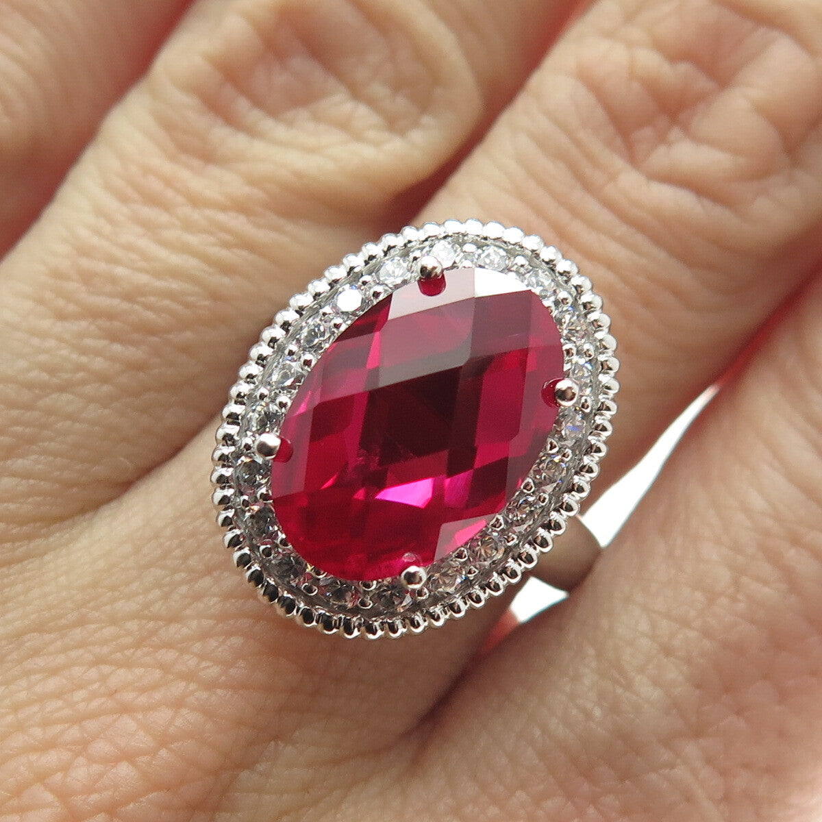 925 Sterling Silver Lab-Created Ruby & C Z Ring Size 7