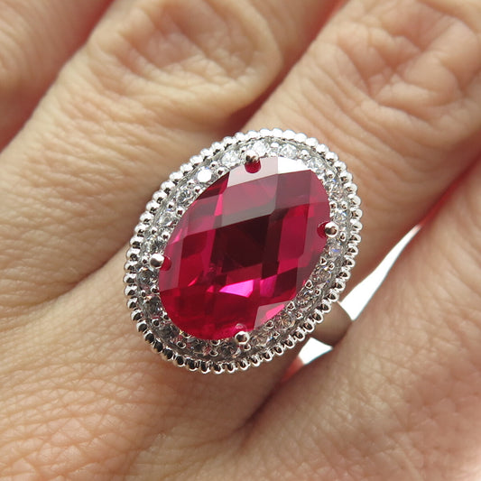 925 Sterling Silver Lab-Created Ruby & C Z Ring Size 7