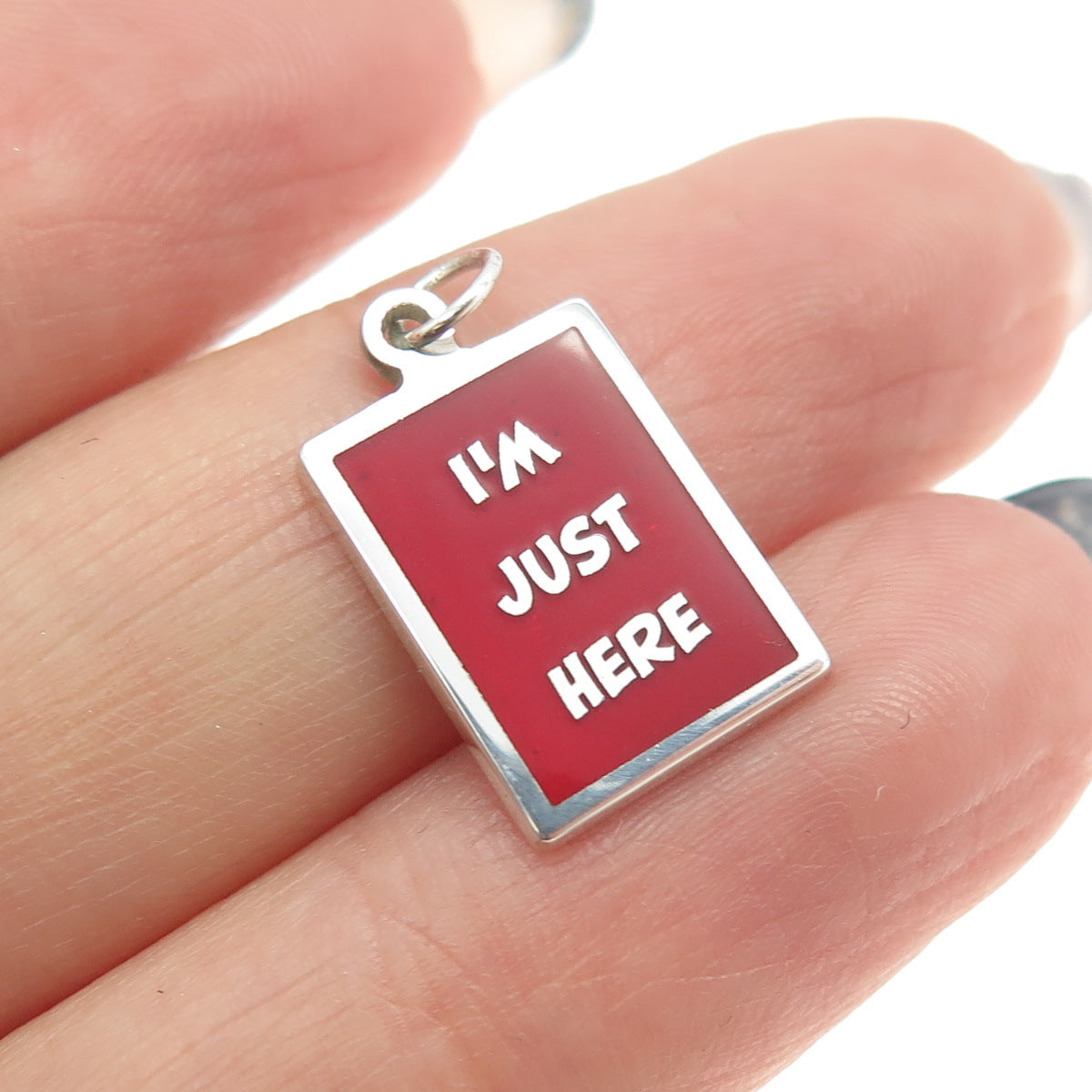 925 Sterling Silver Red Enamel "I'm Just Here" Minimalist Charm Pendant