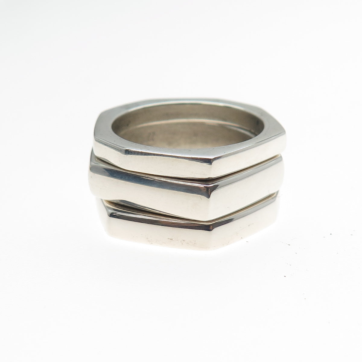 GUCCI Sterling Silver Vintage Italy Modernist Hexagon SET of 3 Band Ring Size 10