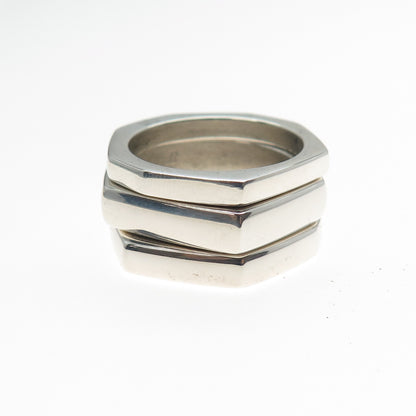 GUCCI Sterling Silver Vintage Italy Modernist Hexagon SET of 3 Band Ring Size 10