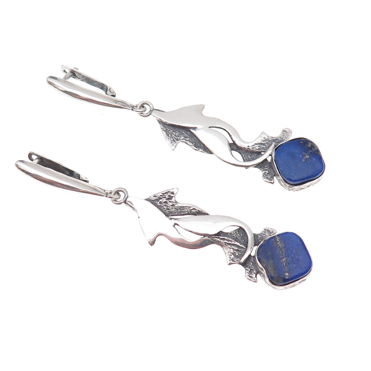 925 Sterling Silver Vintage Poland Real Lapis Modernist Oxidized Dangle Earrings