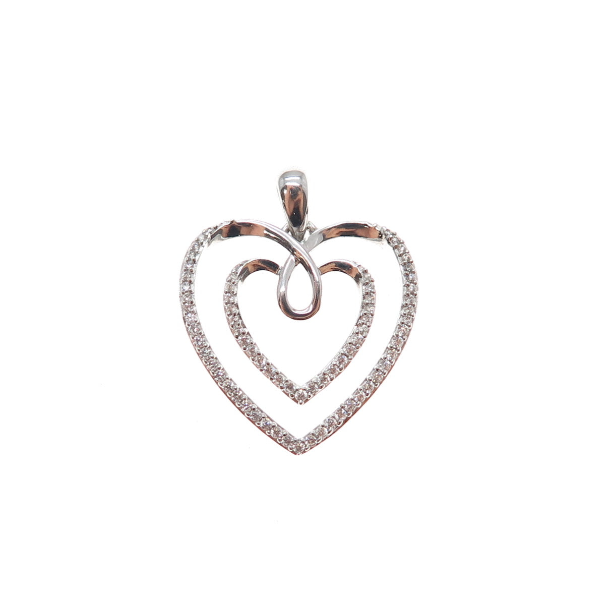 925 Sterling Silver Round-Cut C Z Double Heart Charm Pendant
