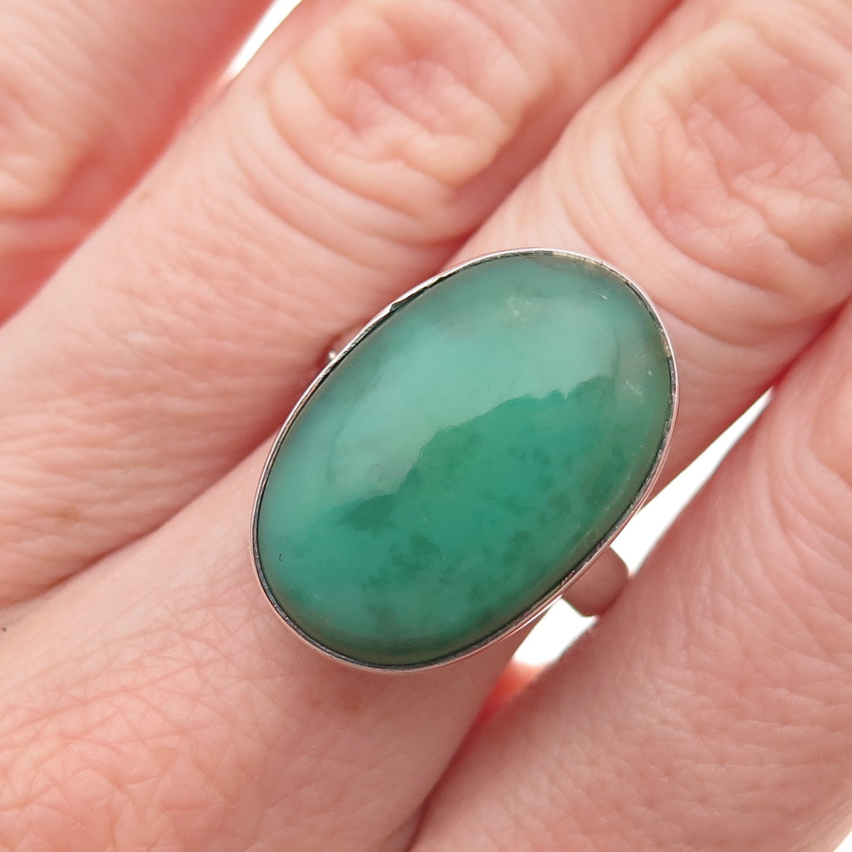 925 Sterling Silver Vintage Real Cabochon Chrysoprase Ring Size 7.25