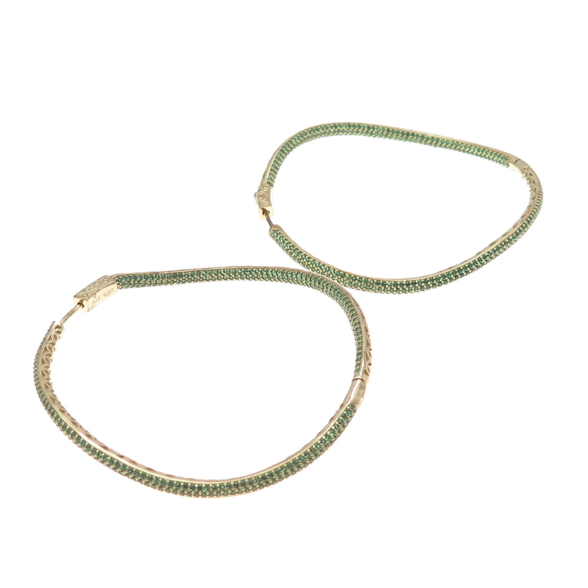 KLEO 925 Sterling Silver Gold Plated Green C Z In & Out Wavy Large Hoop Earrings