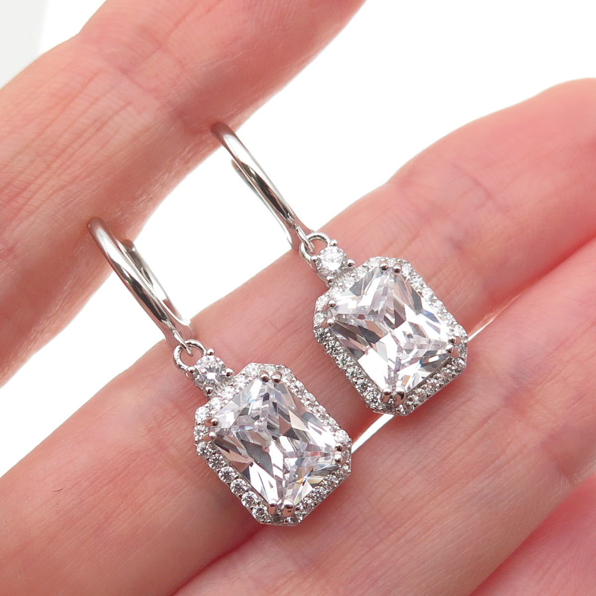 925 Sterling Silver Radiant & Round-Cut C Z Dangle Charm Hoop Earrings