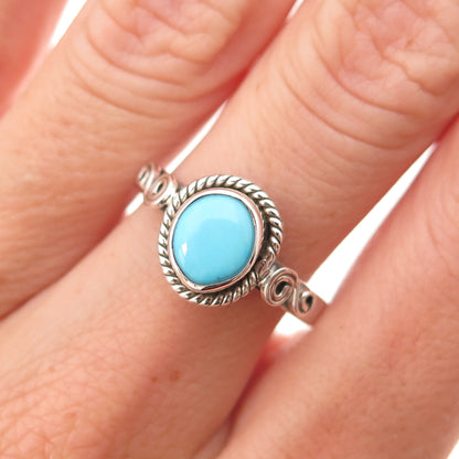925 Sterling Silver Vintage Real Turquoise Spiral Oxidized Ring Size 8.25