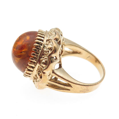 M.R.F. RESOURCES 925 Sterling Silver Gold Plated Vintage Real Amber Ring Size 5