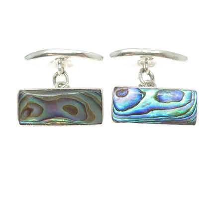 925 Sterling Silver Antique Art Deco Real Abalone Shell Chain Cufflinks