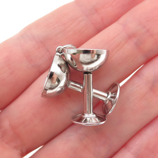 Art's Elegance 925 Sterling Silver Vintage Crossed Wine Glasses 3D Charm Pendant