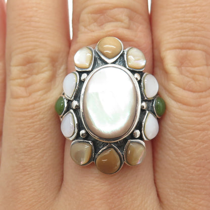 925 Sterling Silver Real Multi-Color MOP & Jade Statement Ring Size 6.75