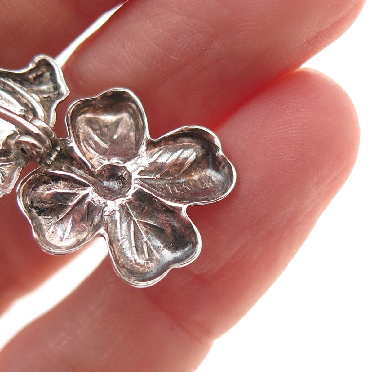 925 Sterling Silver Antique Art Deco Clover Salt & Spices Spoon Pin Brooch
