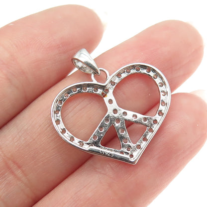 925 Sterling Silver Round-Cut Shaped C Z Symbol of Peace in Heart Pendant