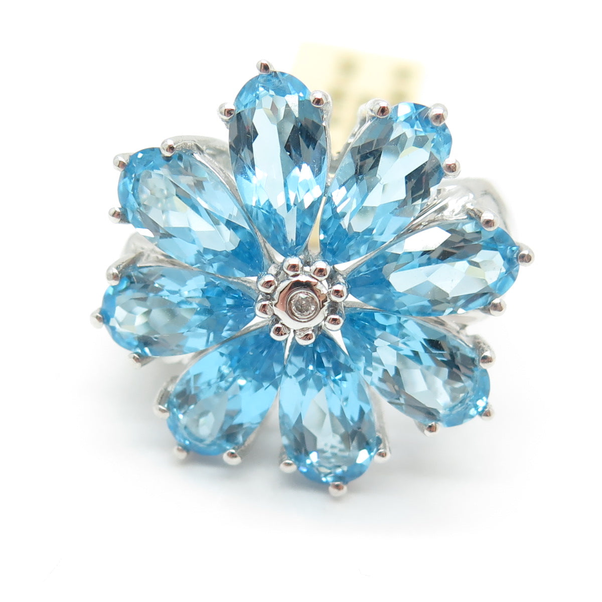 925 Sterling Silver Real Diamond & Swiss Blue Topaz Flower Ring Size 7