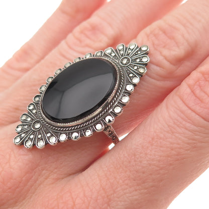 925 Sterling Silver Antique Art Deco Real Black Onyx & Marcasite Ring Size 6.5