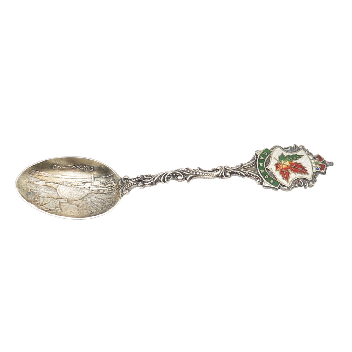 925 Sterling Silver Antique 1901 Canada Enamel Halifax Maple Leaf Coffee Spoon