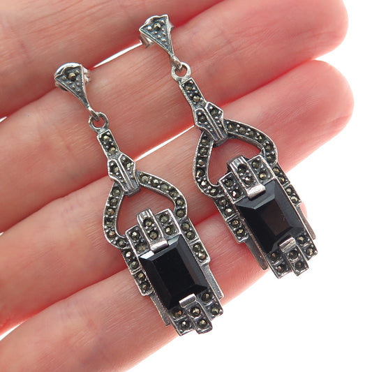 925 Sterling Silver Vintage Real Black Onyx & Marcasite Oxidized Dangle Earrings