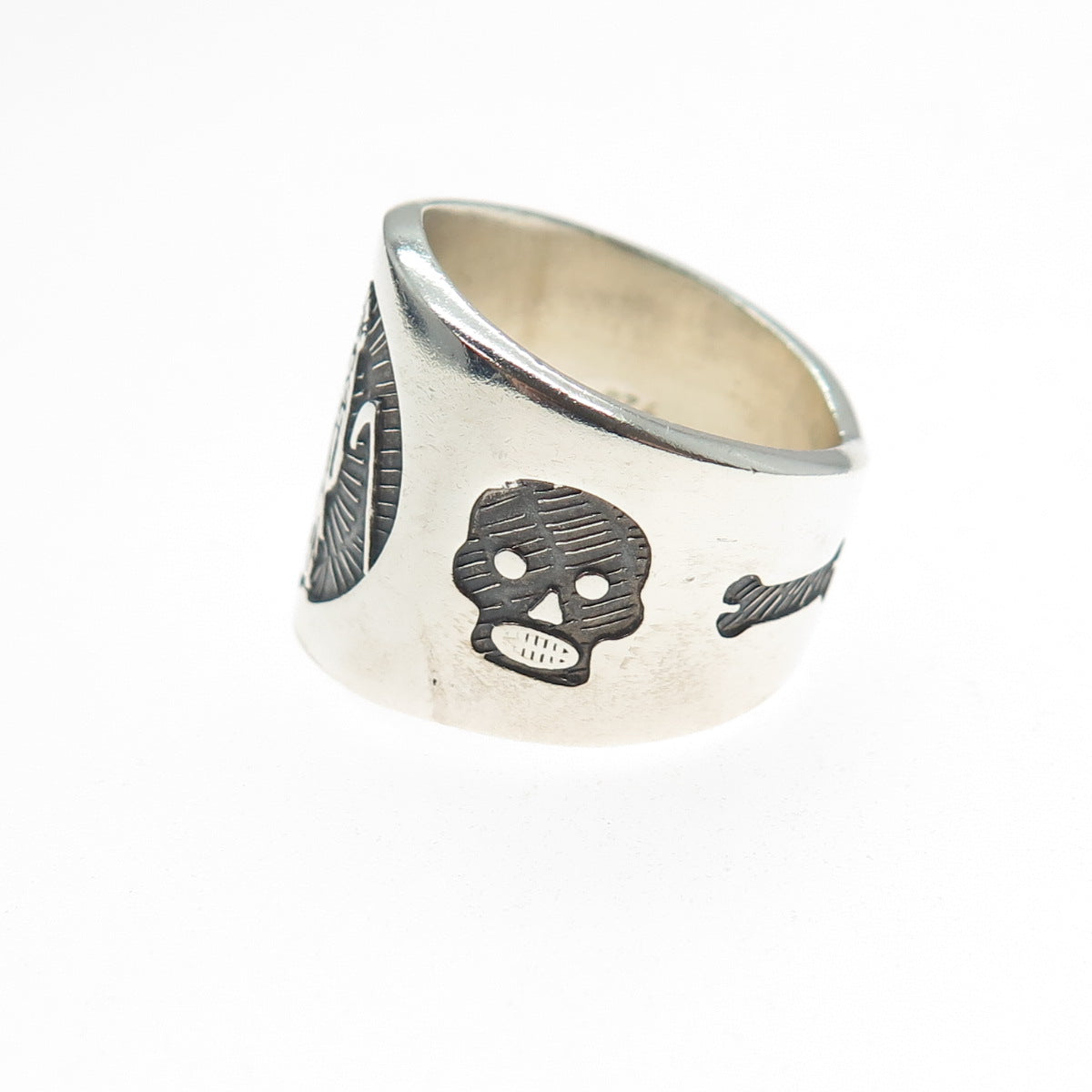 925 Sterling Silver Vintage Mexico Santa Muerte Oxidized Ring Size 8