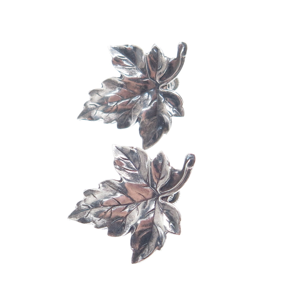 925 Sterling Silver Antique Art Deco Maple Leaf Oxidized Screw Back Earrings