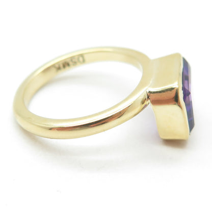 DSMK 925 Sterling Silver Gold Plated Real Emerald-Cut Amethyst Ring Size 6.75