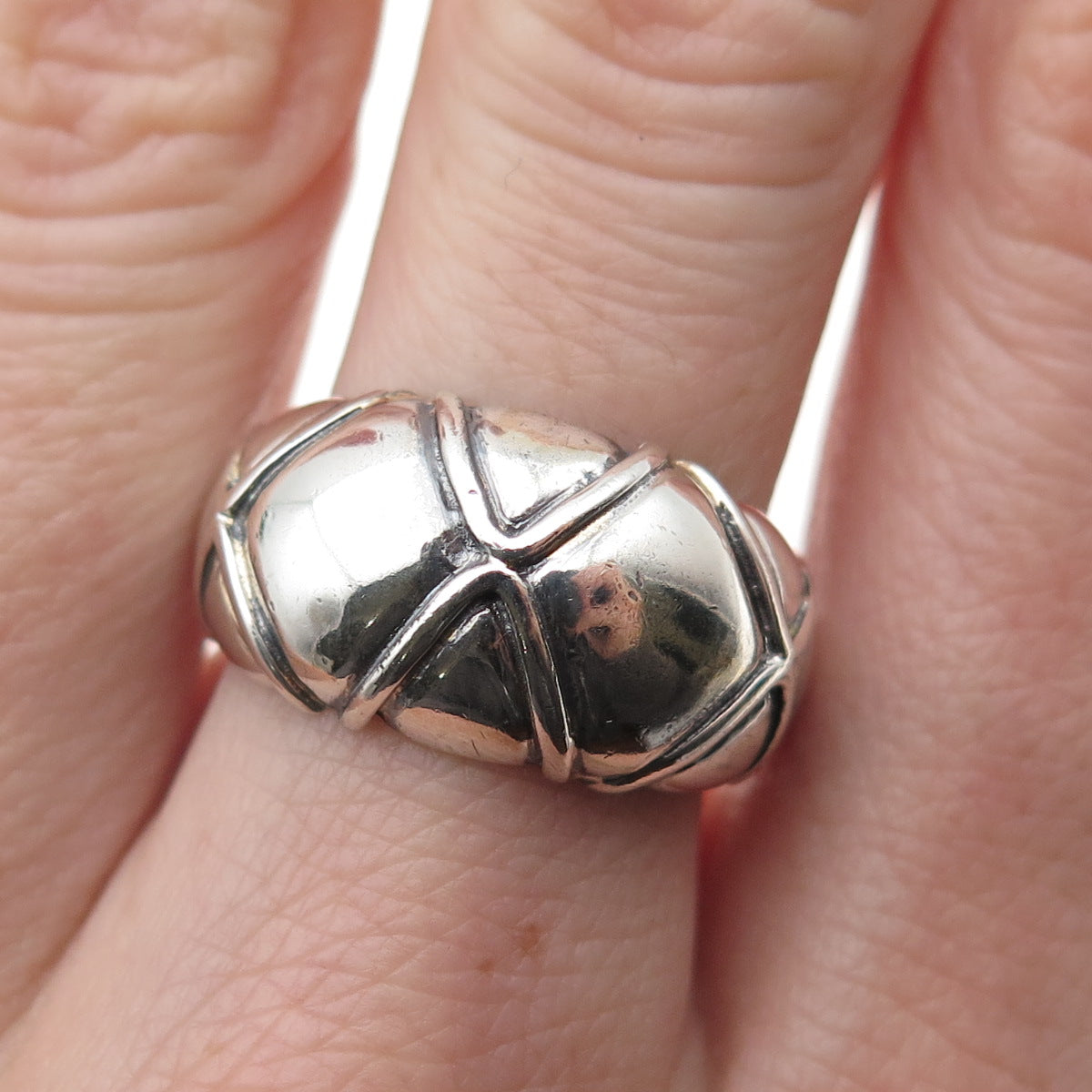 925 Sterling Silver Vintage Modernist X-Shape Dome Oxidized Ring Size 7.75