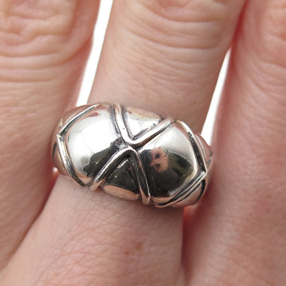 925 Sterling Silver Vintage Modernist X-Shape Dome Oxidized Ring Size 7.75