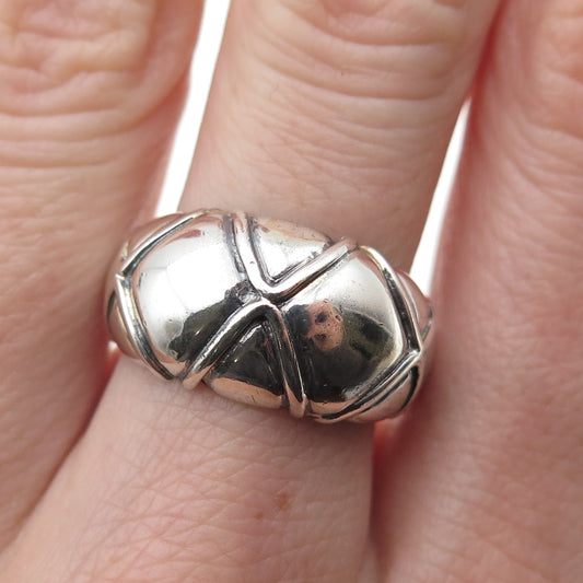 925 Sterling Silver Vintage Modernist X-Shape Dome Oxidized Ring Size 7.75