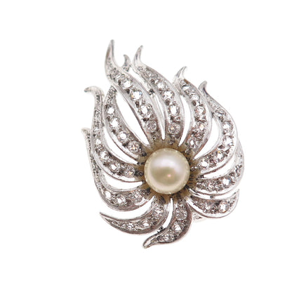 925 Sterling Silver Antique Art Deco Faux Pearl & Rhinestone Floral Pin Brooch