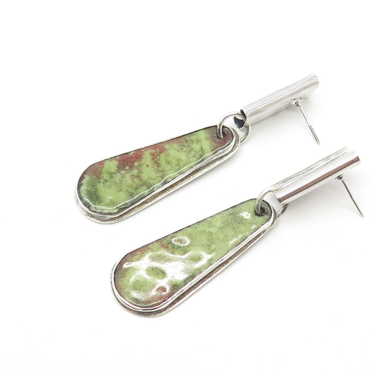 925 Sterling Silver Vintage Modernist Green Ceramic Dangling Earrings