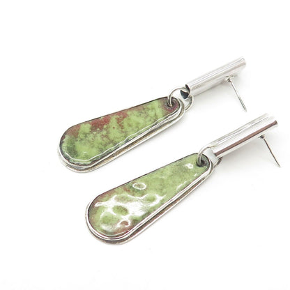 925 Sterling Silver Vintage Modernist Green Ceramic Dangling Earrings