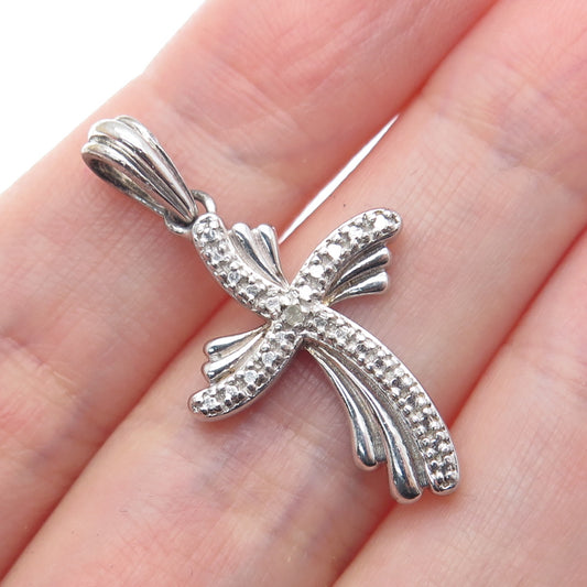 925 Sterling Silver Real Diamond Accent Wavy Cross Charm Pendant