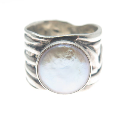 SILPADA 925 Sterling Silver Vintage Real Pearl Modernist Oxidized Ring Size 7.25