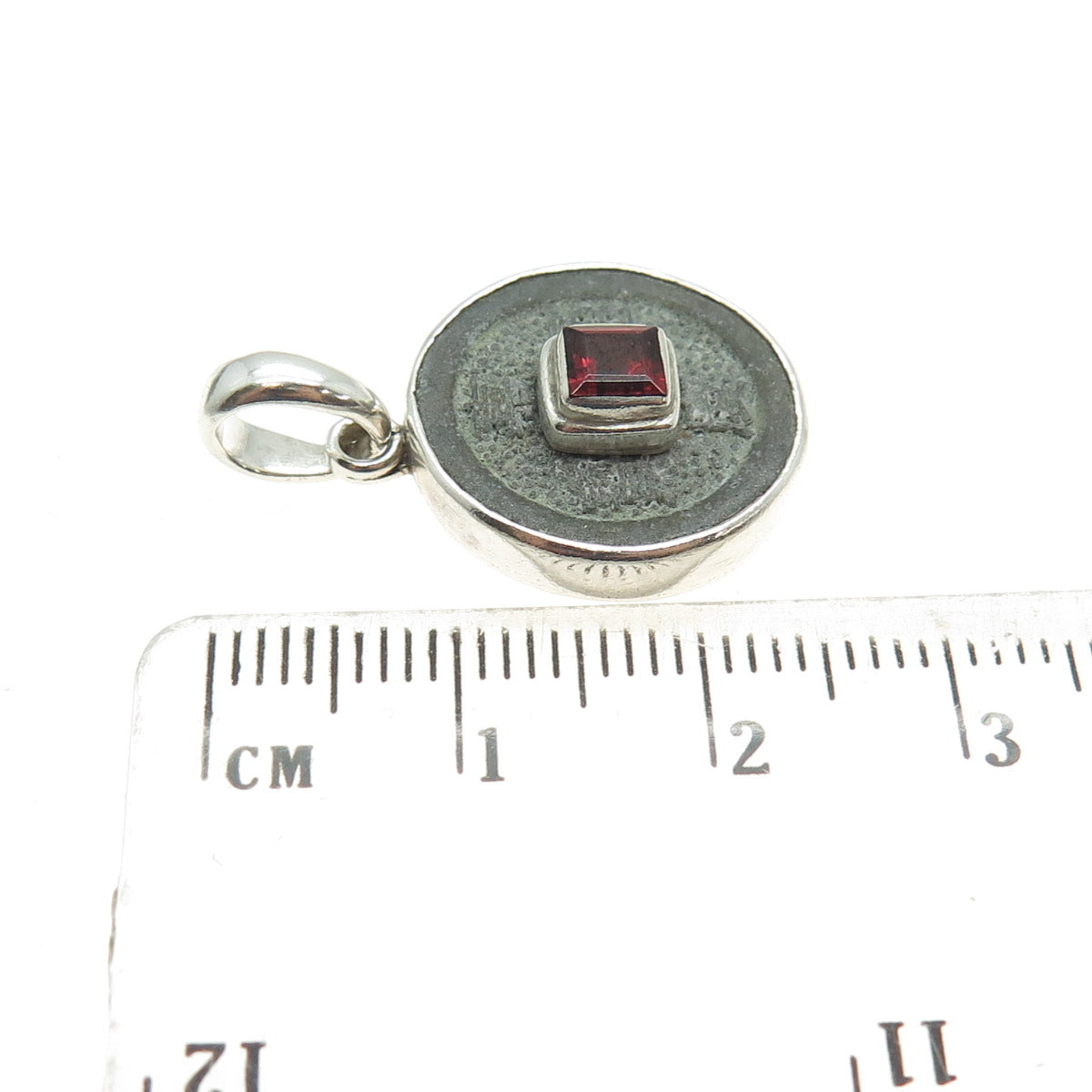 SAJEN 925 Sterling Silver Vintage Red Garnet Gemstone Chinese Coin Pendant