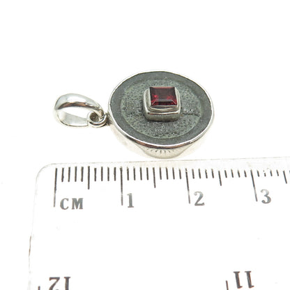 SAJEN 925 Sterling Silver Vintage Red Garnet Gemstone Chinese Coin Pendant