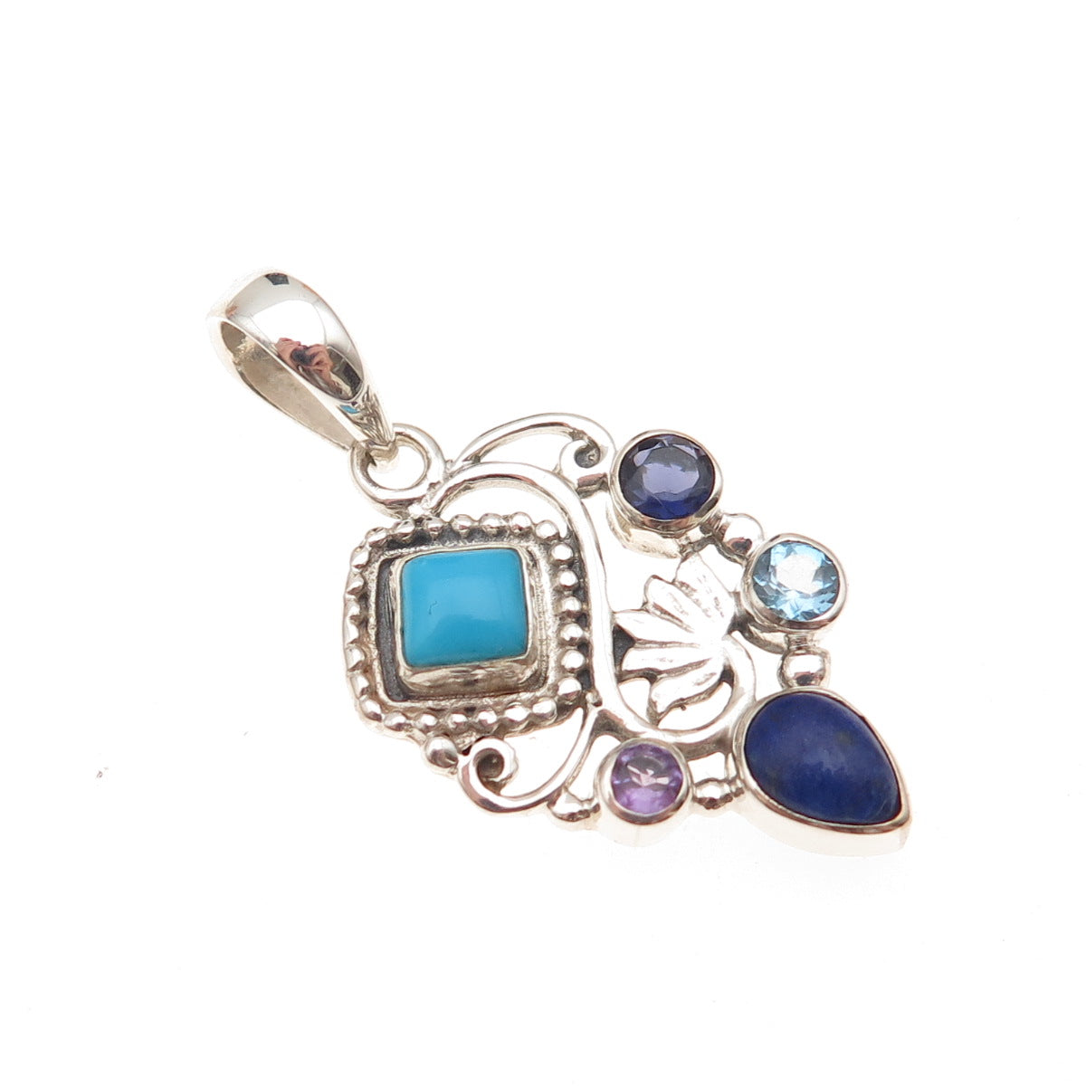925 Sterling Silver Vintage Real Turquoise Lapis Iolite Topaz & Amethyst Pendant