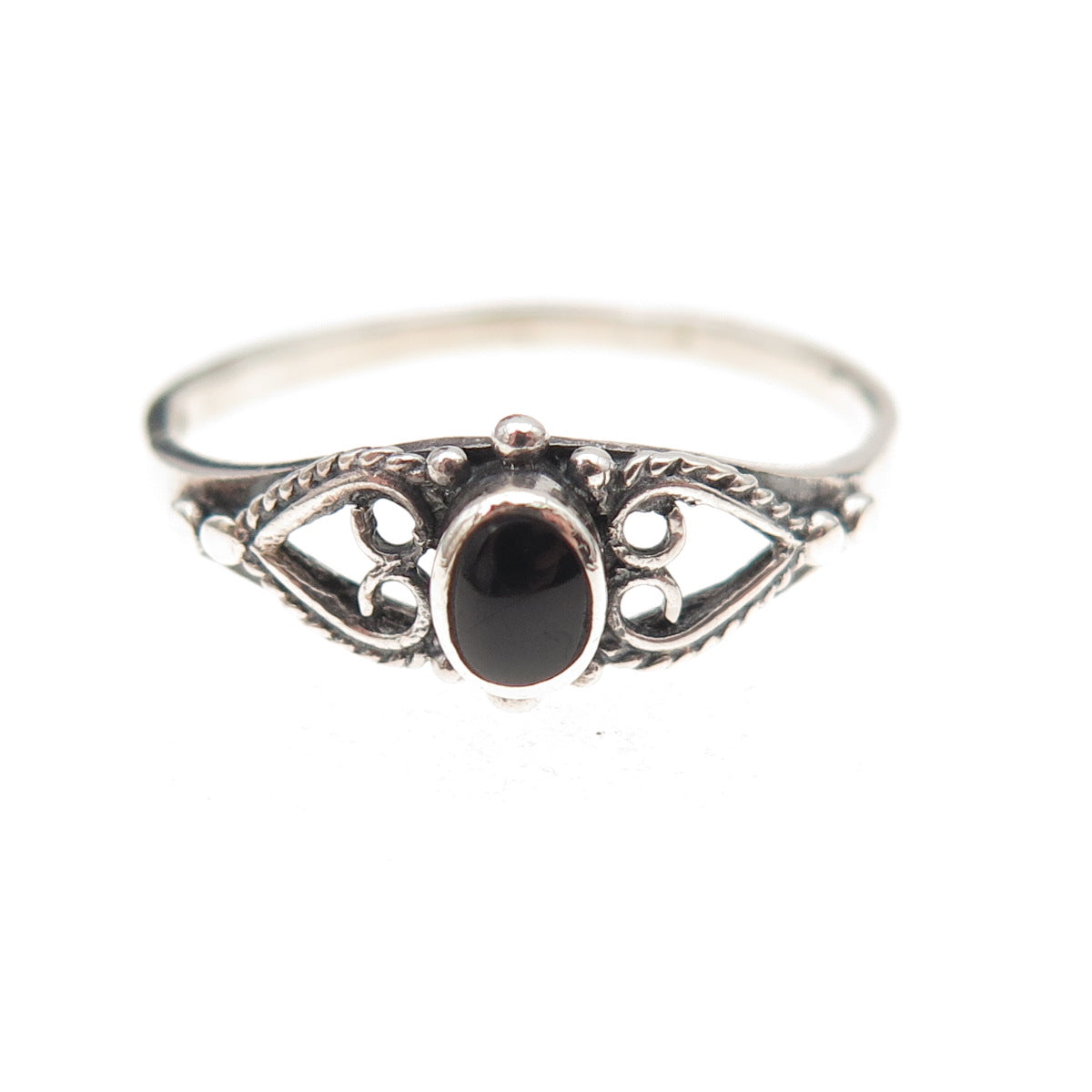 925 Sterling Silver Vintage Real Black Onyx Heart Oxidized Ring Size 8